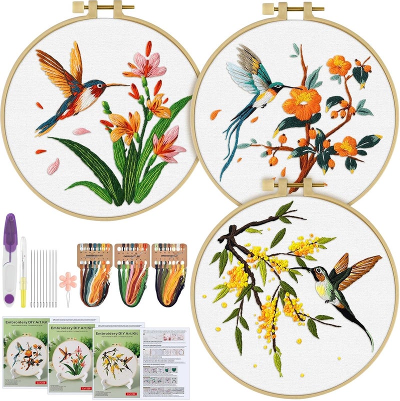 ERKOON 3 Sets Embroidery Kit, Hummingbird Cross Stitch Set for Include Embroidery Cloth Hoops Threads for Craft Lover Hand Stitch (Hummingbird) - Image 1